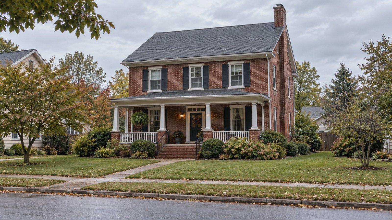 The home and its approach A complete two-story brick house with a porch, chimney and front path beside a village sidewalk.