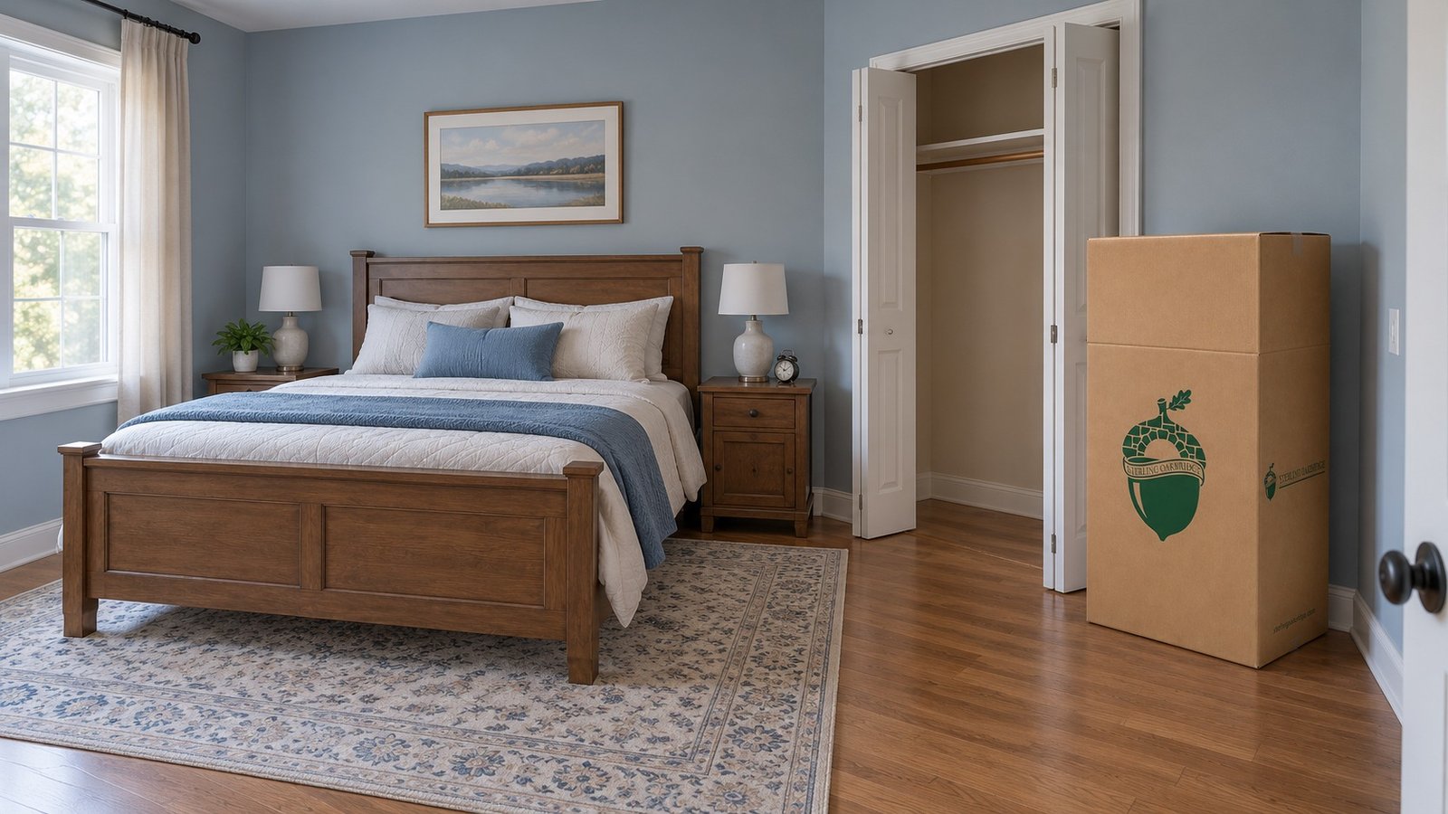 A bedroom with a complete wooden bed, two bedside tables, an open closet and a tall closed kraft wardrobe carton resting on the floor.