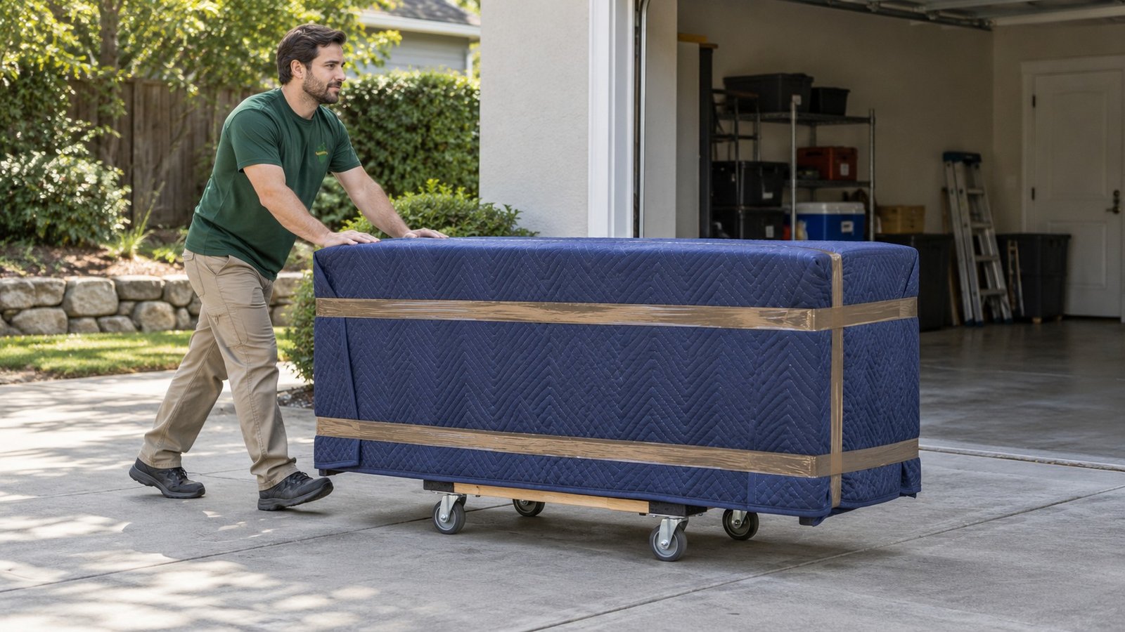 Protect and support the complete piece A mover beside a broad cabinet covered with a dark blue quilted blanket and brown tape on a compact wooden furniture dolly.