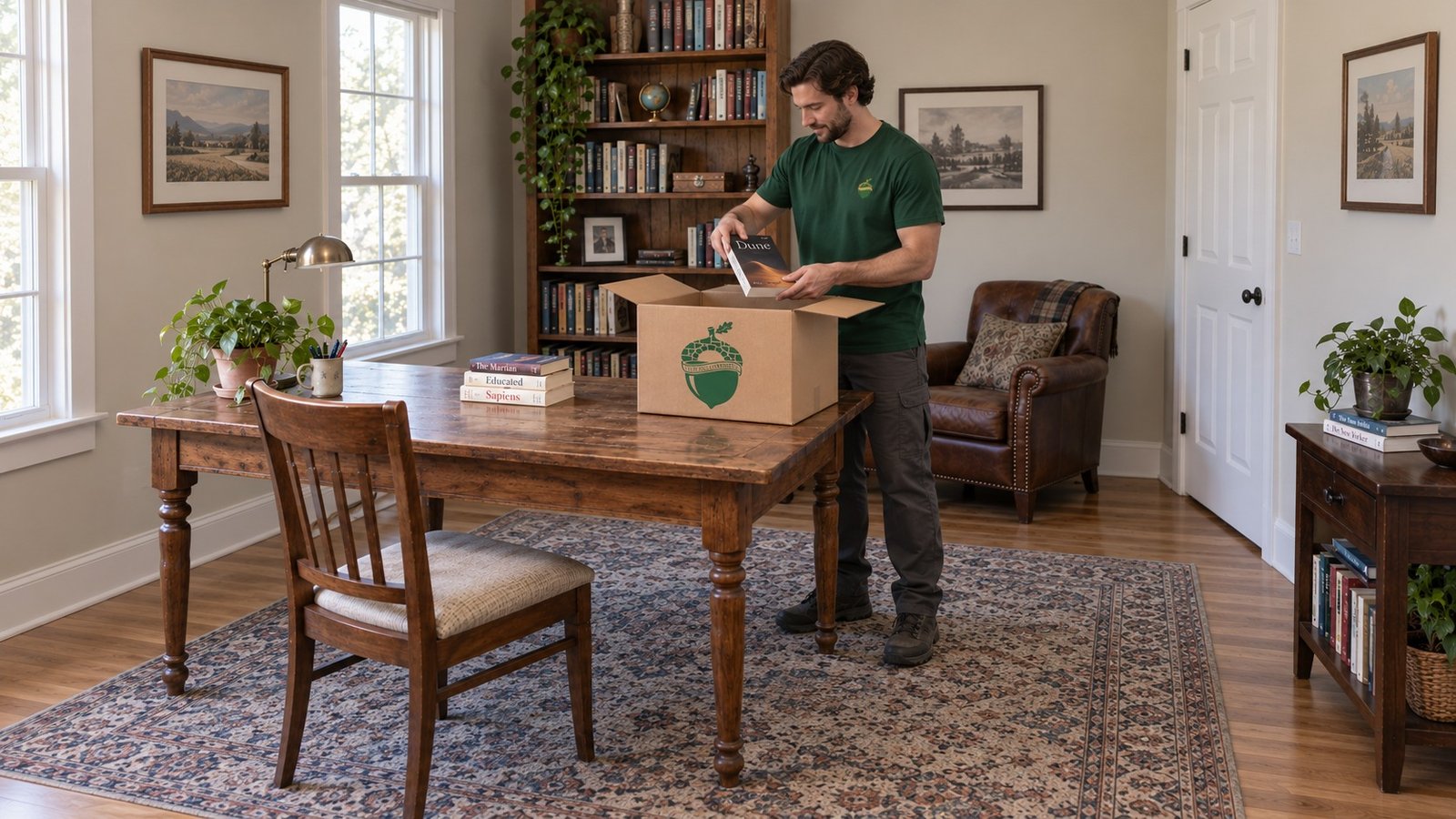 Keep books in a suitable small carton A packer in a green Sterling Oakbridge shirt placing a paperback into a small open kraft Book carton on a wooden table.
