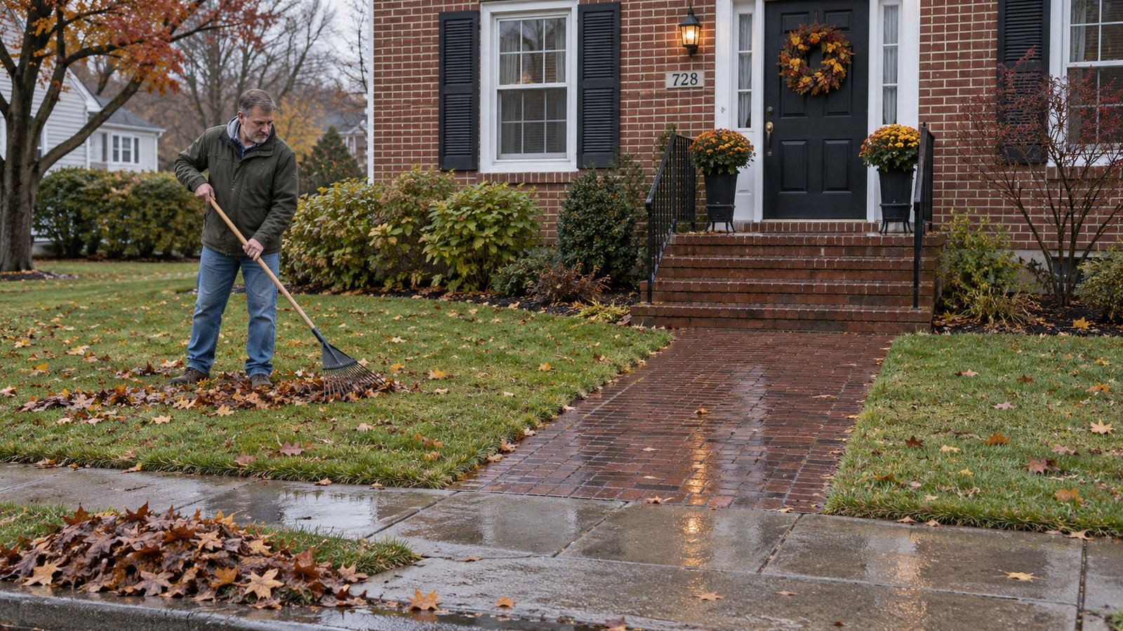 A homeowner raking a small pile of autumn leaves beside a brick entrance path and damp sidewalk.