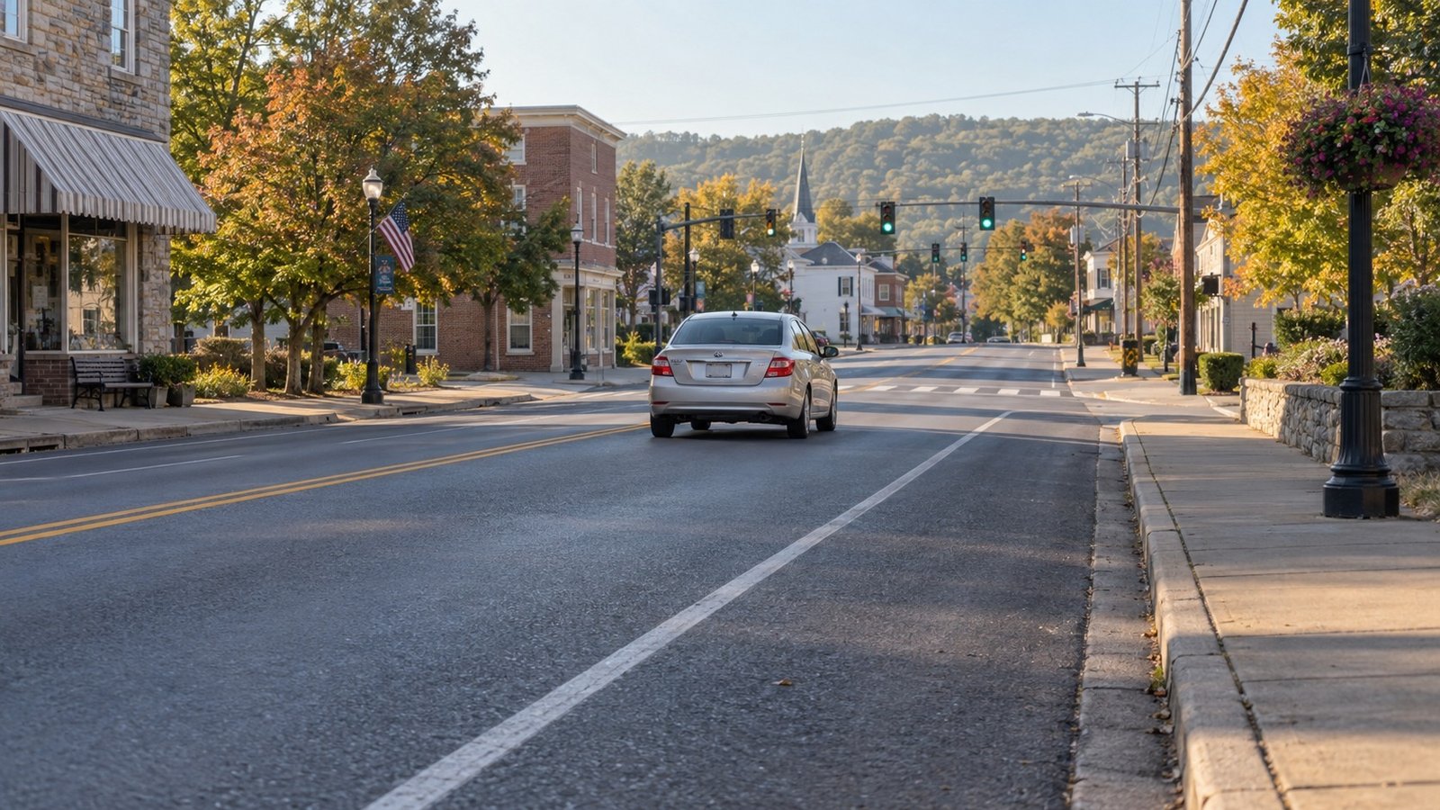 A complete silver sedan on a village road approaching distant traffic signals, with sidewalks on both sides.