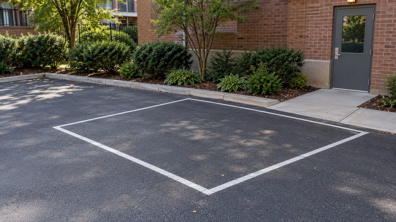 Whole marked private vehicle bay beside a separate path to a service door