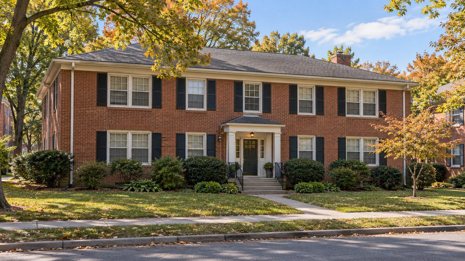 Complete two-story brick garden-apartment building with a shared entrance and path to a public sidewalk
