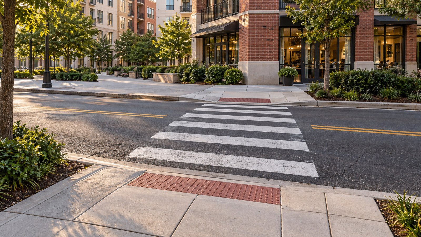 Complete pedestrian crossing between two curb ramps in an invented mixed-use Arlington setting