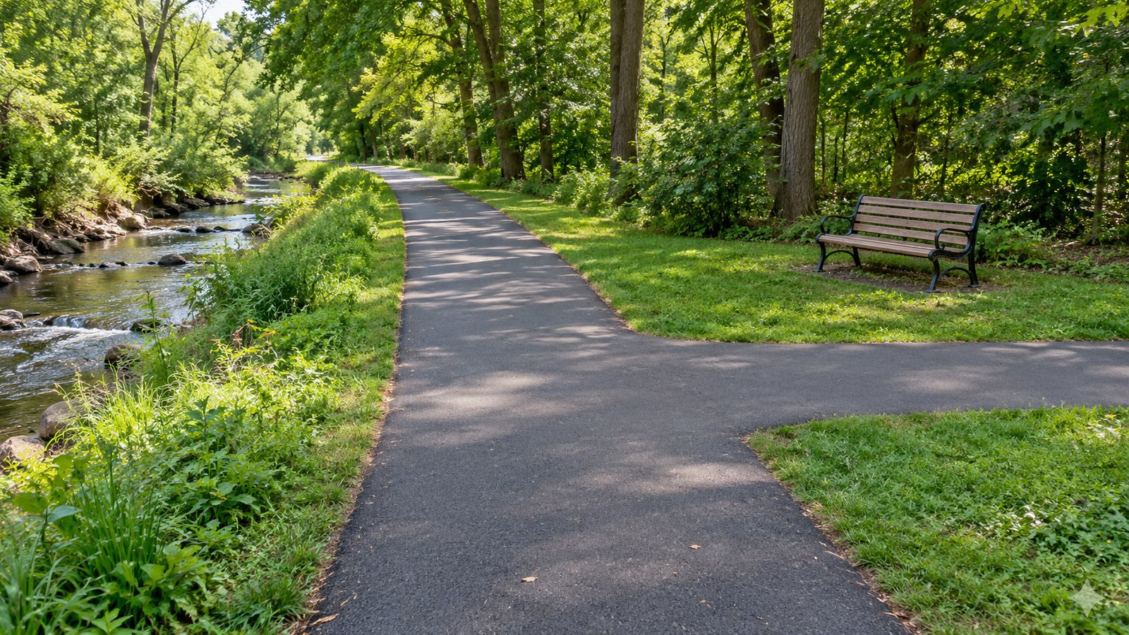 Paved greenway and clear approach junction beside a modest stream, with a bench outside the path