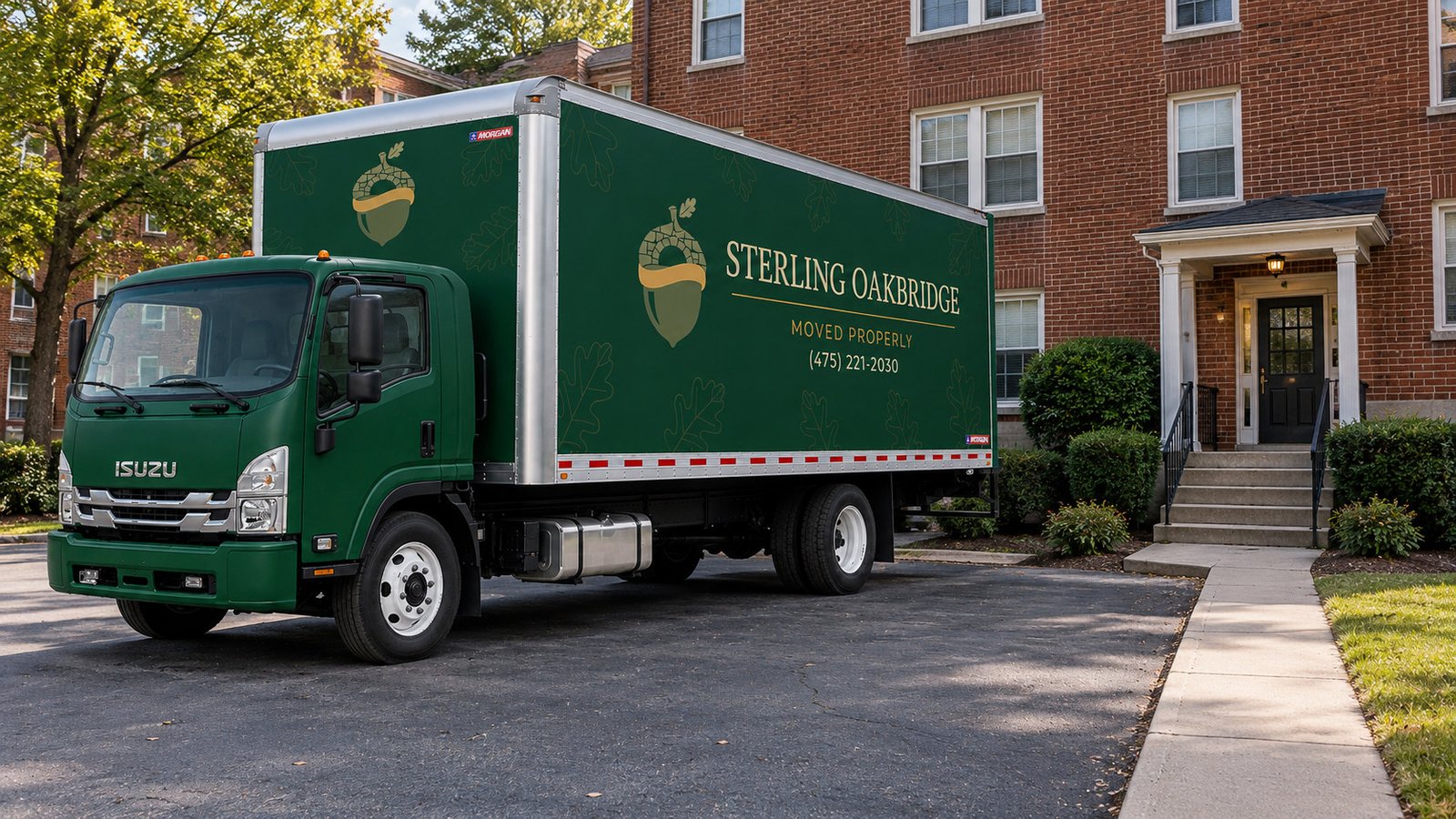 Apartment approach and raised entrance Green moving truck beside a separate path to a brick apartment entrance
