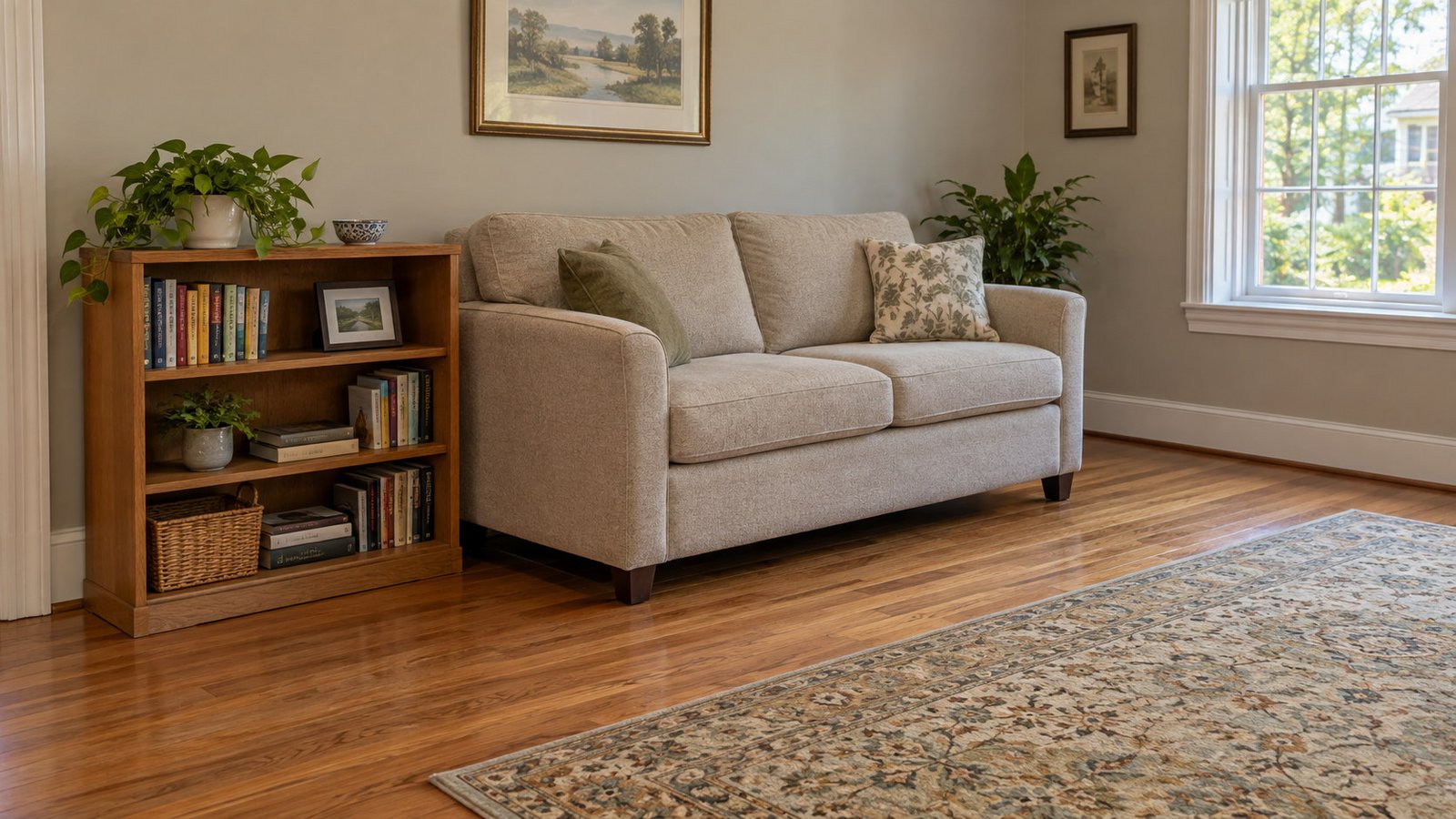 Usable receiving room after furniture placement Sofa and low bookcase placed beside a clear living-room route