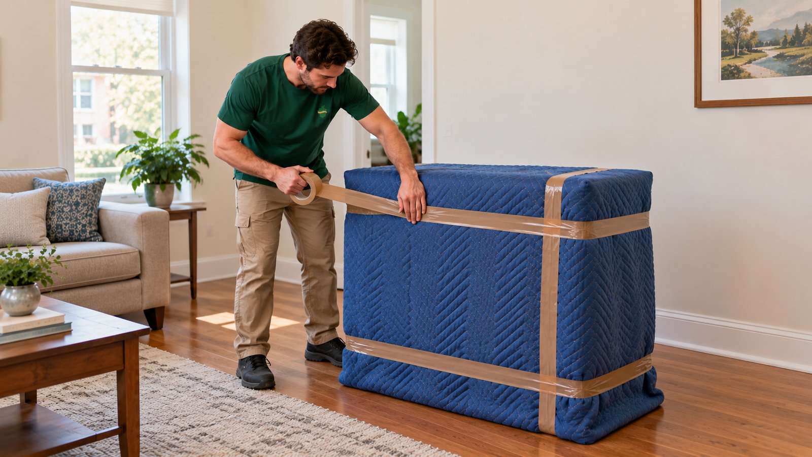 Protective quilt fastening before carrying Mover fastens brown packing tape around a full quilt covering a cabinet