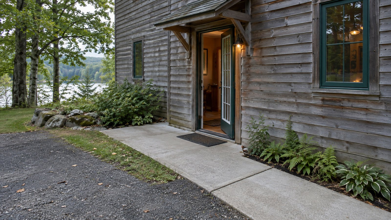 A level side entrance Open side door beneath a timber awning, reached by a level concrete walk