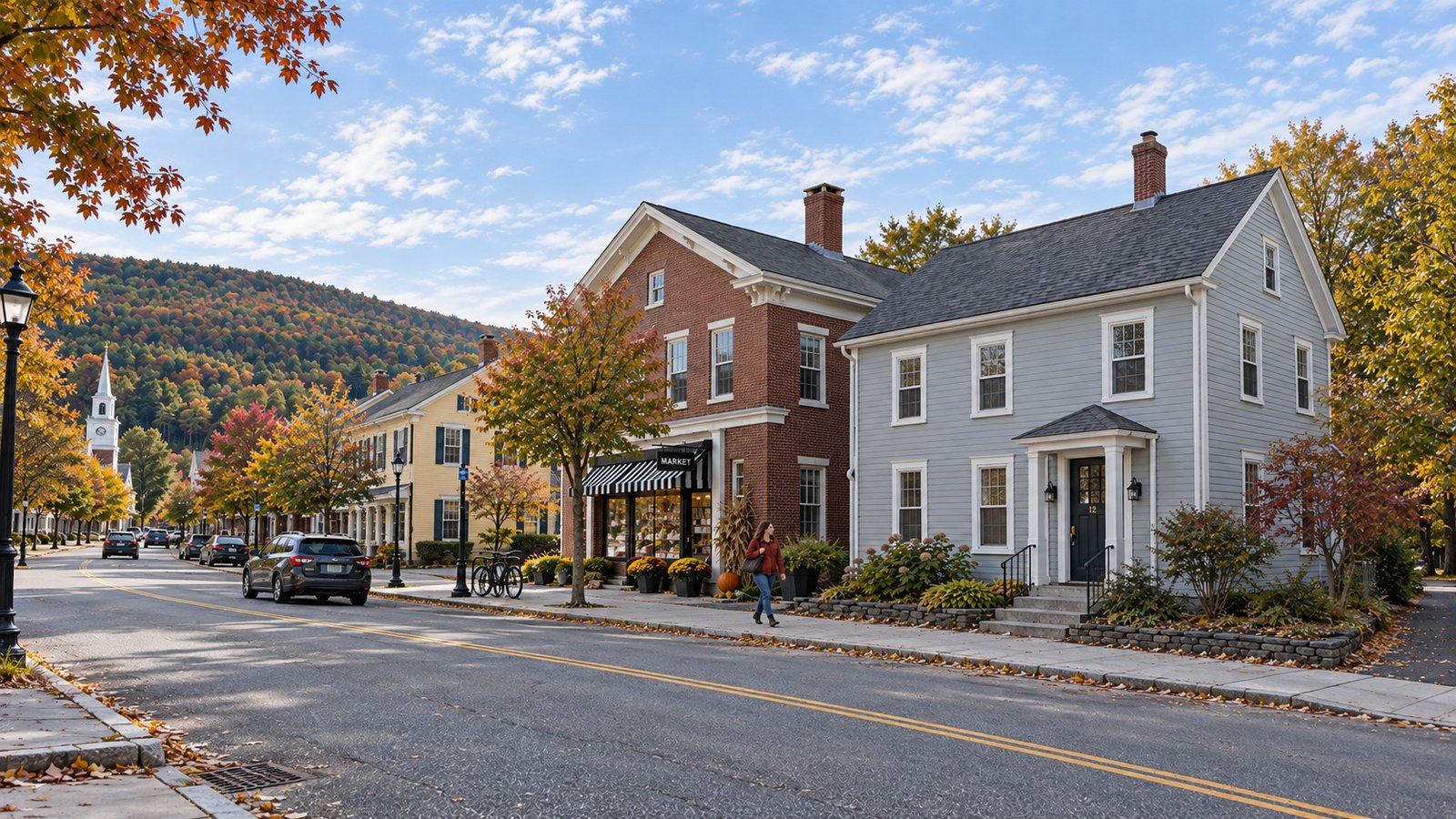 Woman walking past clapboard and brick buildings on an autumn village street