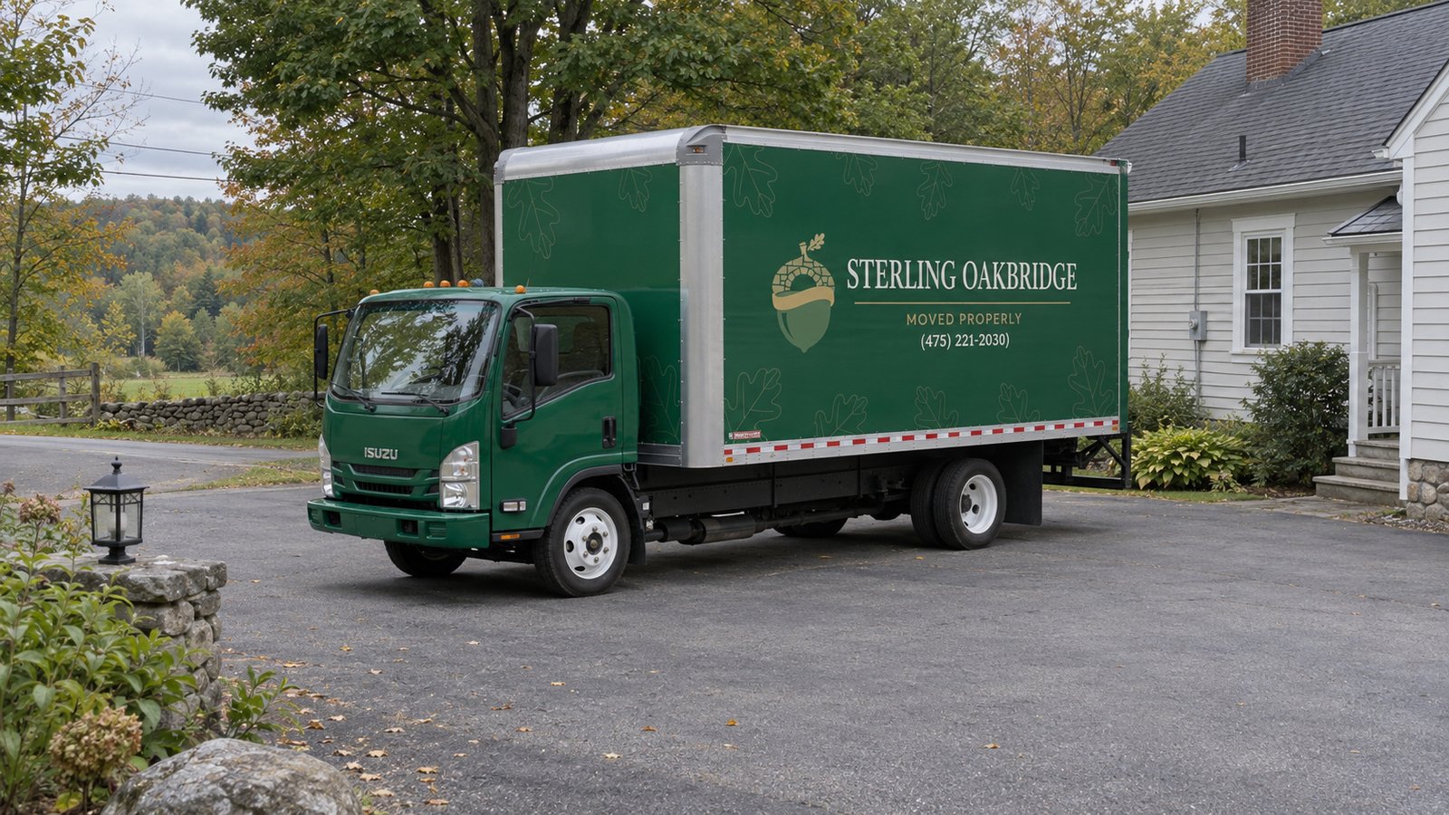 A private standing position Green Sterling Oakbridge Isuzu box truck parked on private paving beside a house