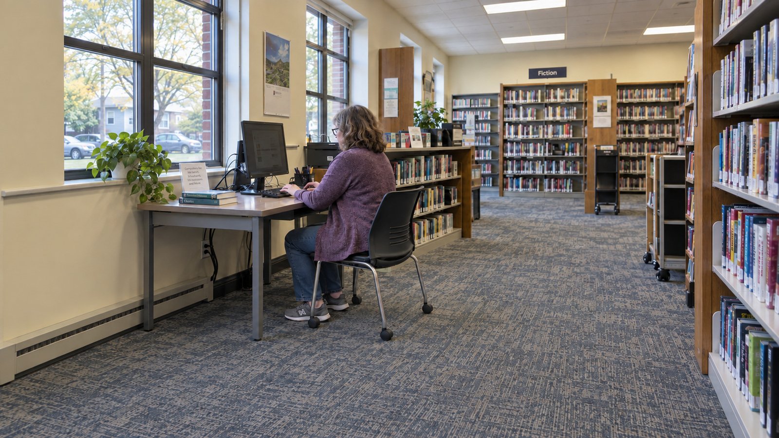 Woman using a desktop computer at a library desk near book shelves
