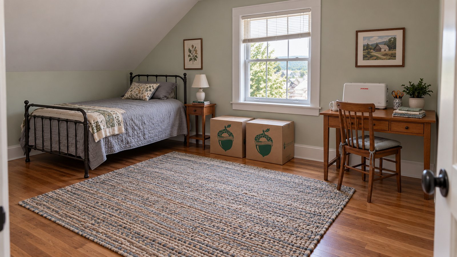 Single bed and sewing desk with two closed Sterling Oakbridge kraft cartons beneath a window