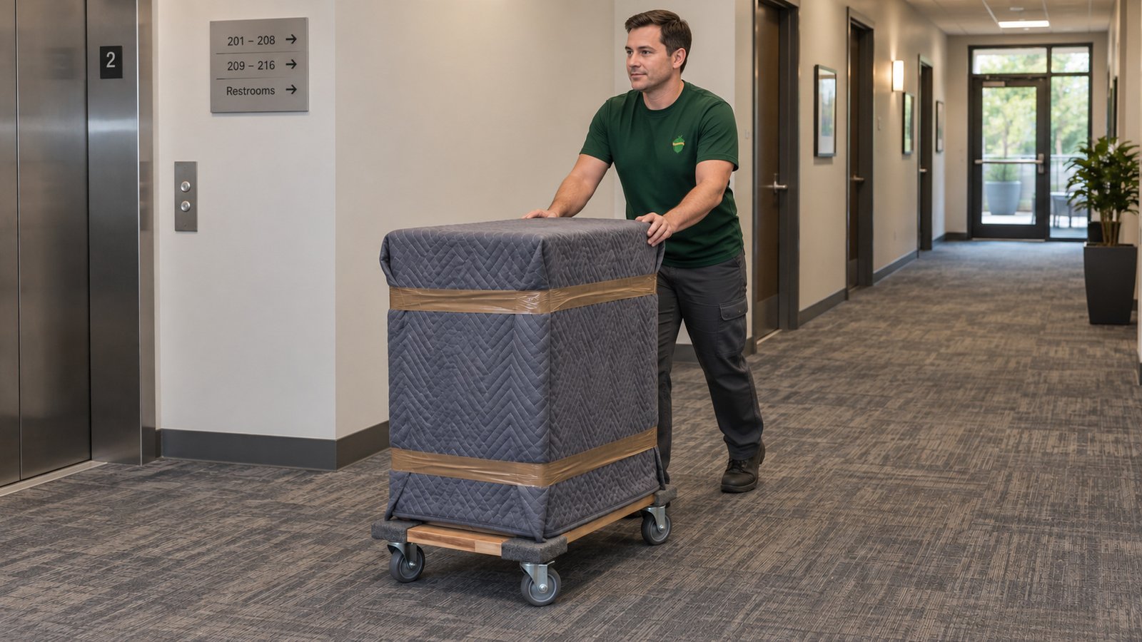 Handling a protected cabinet Man in a green mover shirt guiding a blanket-wrapped cabinet on a wooden dolly