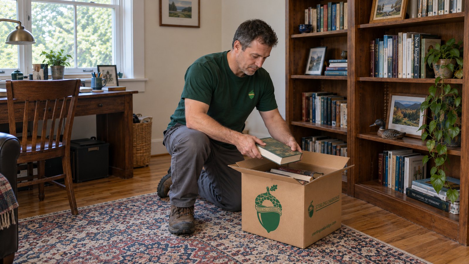Packing a small book carton Mover in a green shirt lowering a book into an open Sterling Oakbridge kraft carton