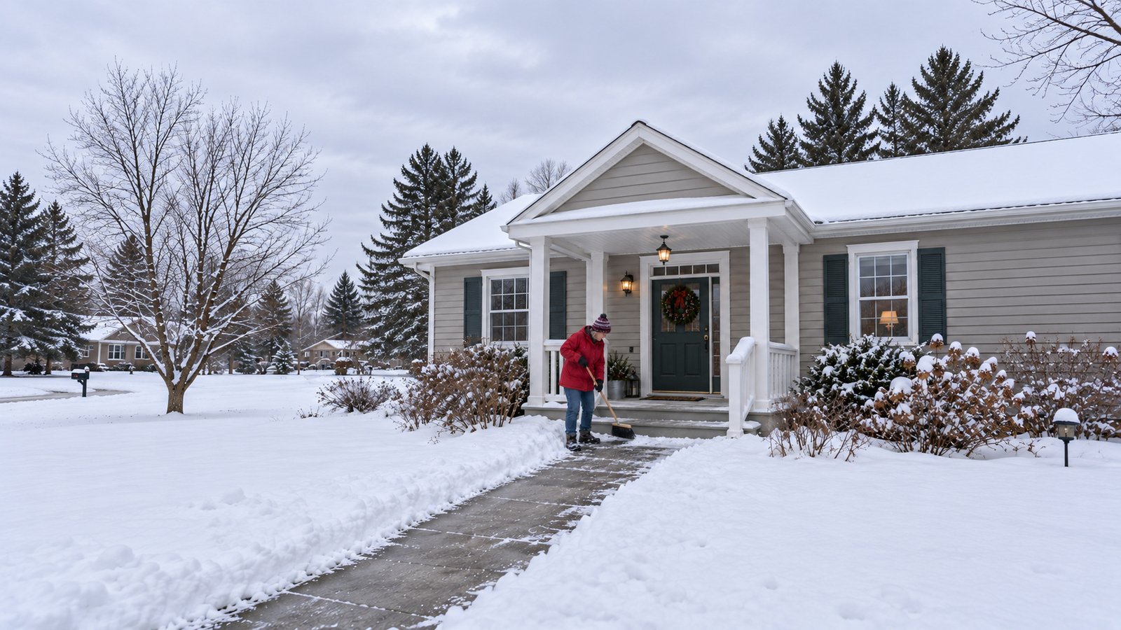 Woman sweeping snow from a lower porch step beside a cleared walkway