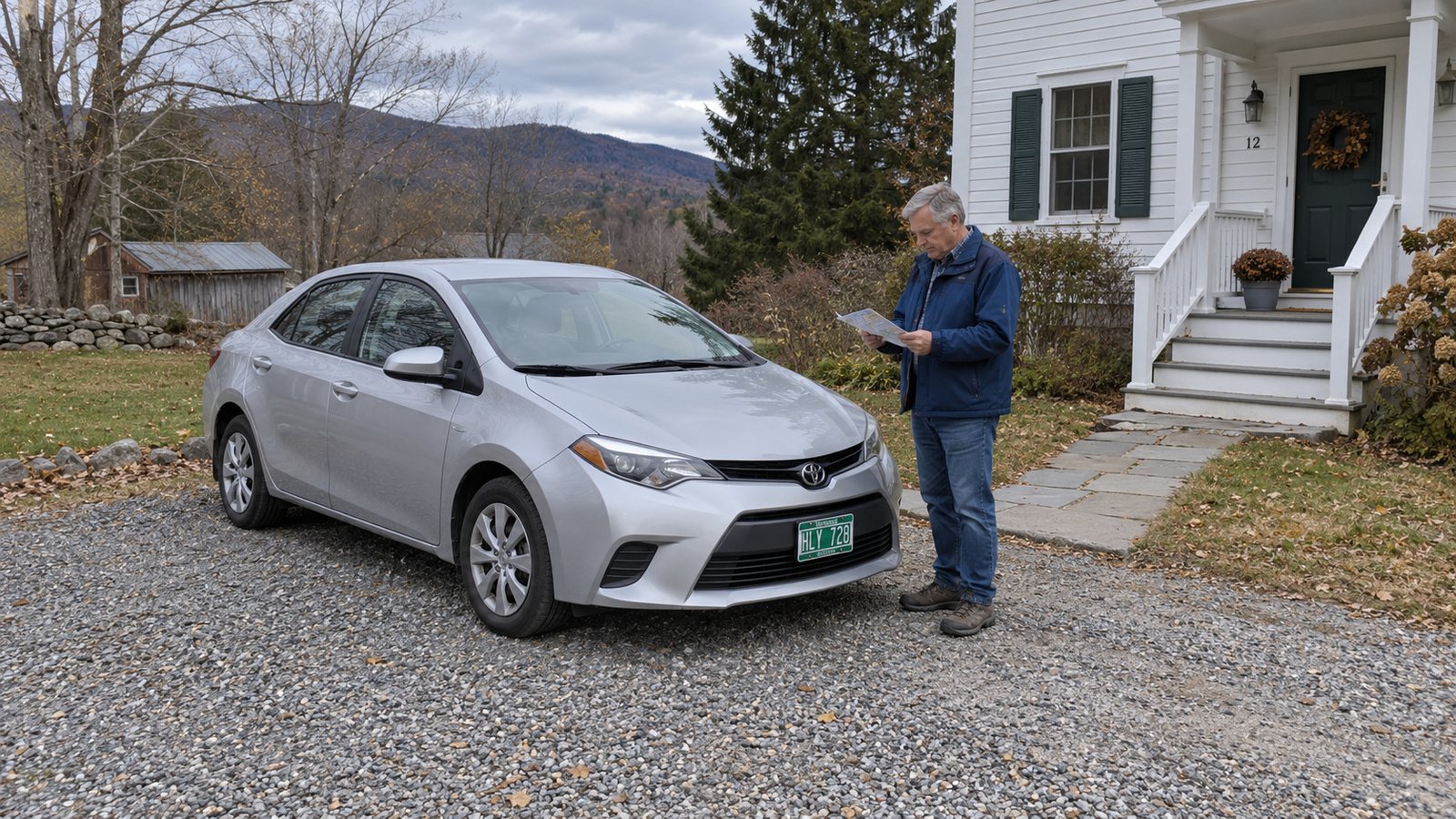Man reading a paper map beside a silver compact car on a private gravel drive