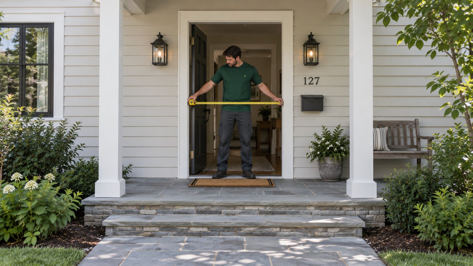 Review the actual doorway A man in a green Sterling Oakbridge shirt measuring across an open farmhouse doorway on a porch.