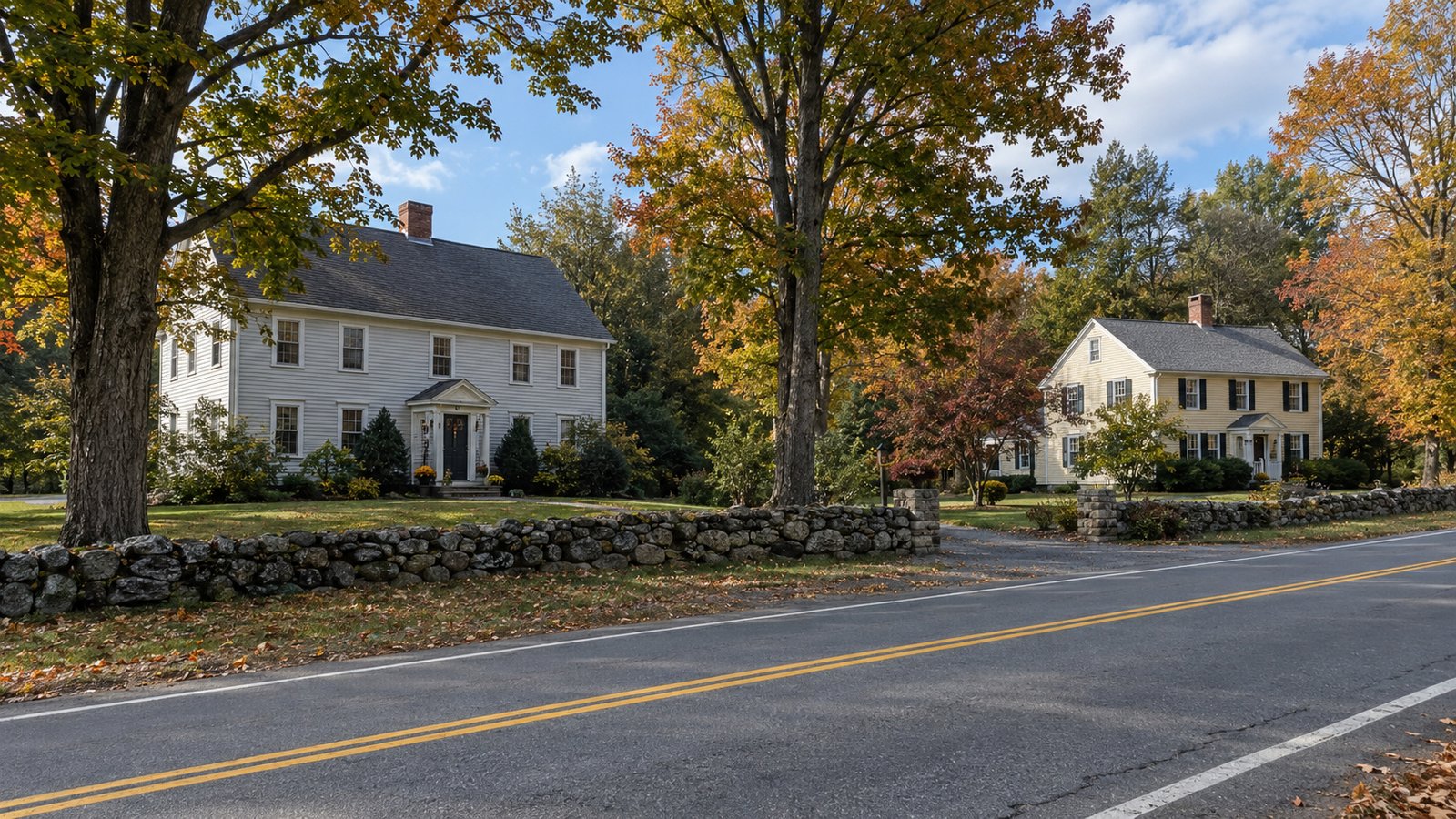 Compare the trips from an address Two pale clapboard houses behind stone walls beside an ordinary tree-lined road.