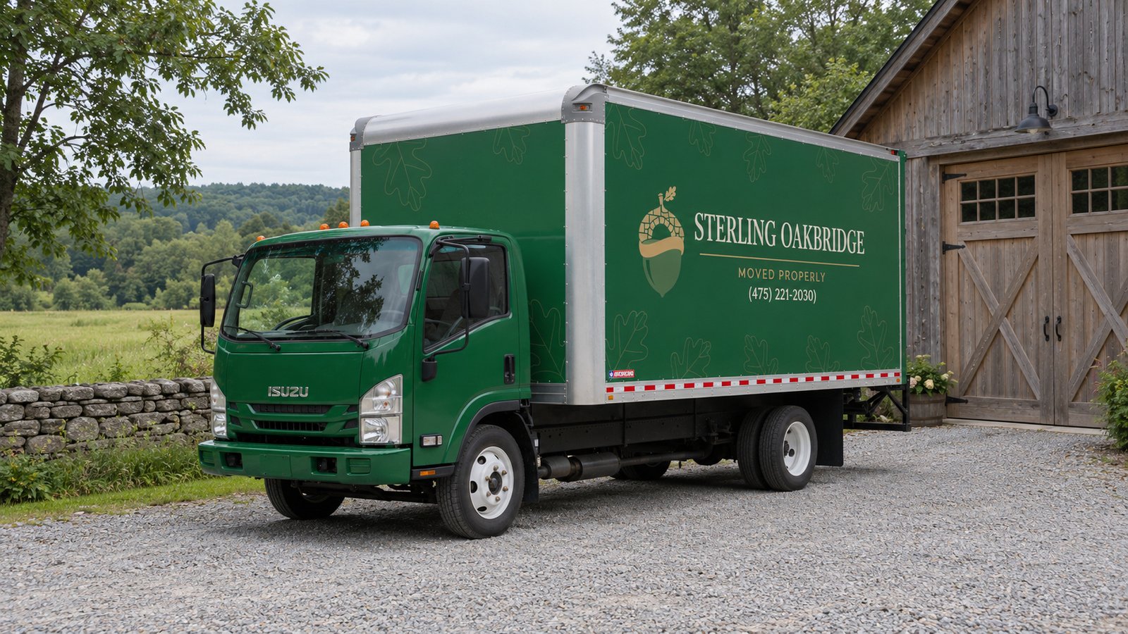 Review a private truck position A green Sterling Oakbridge box truck on a gravel driveway beside a timber garage and stone wall.