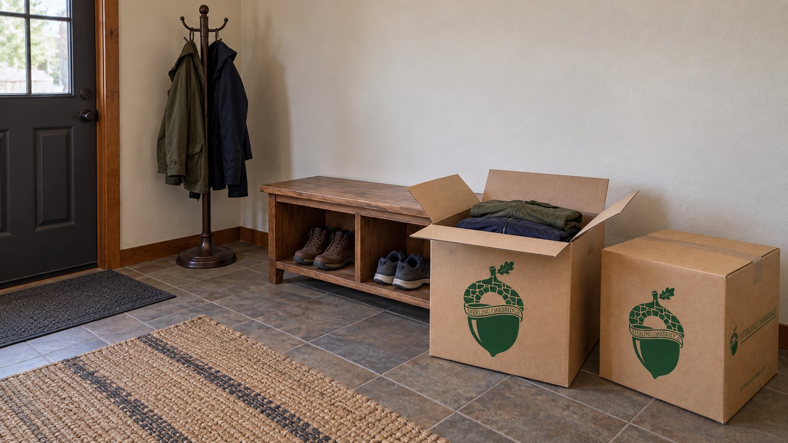Plan useful entry storage A wooden mudroom bench, coat rack and two kraft Sterling Oakbridge cartons, one open with folded jackets.