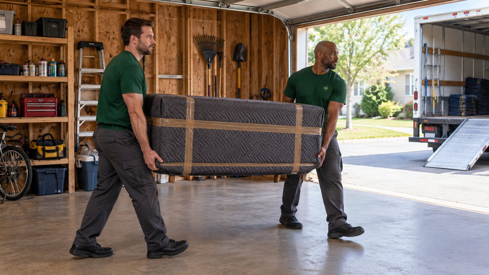 Protect the agreed load Two men in green Sterling Oakbridge shirts carrying a blanket-covered dresser through a timber garage.