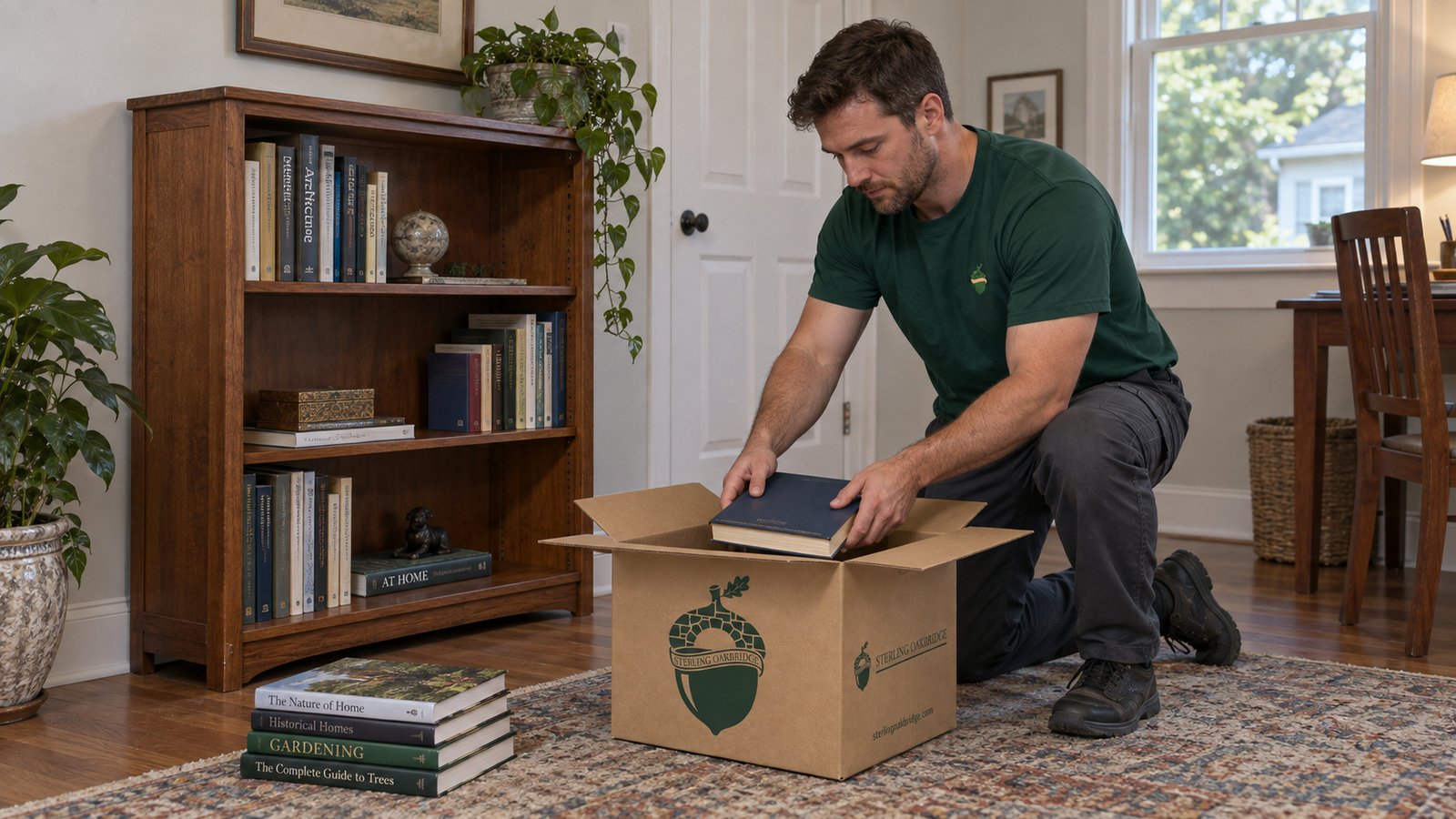 Pack books in a small carton A kneeling man in a green Sterling Oakbridge shirt lowering a book into a small kraft carton beside a low bookcase.