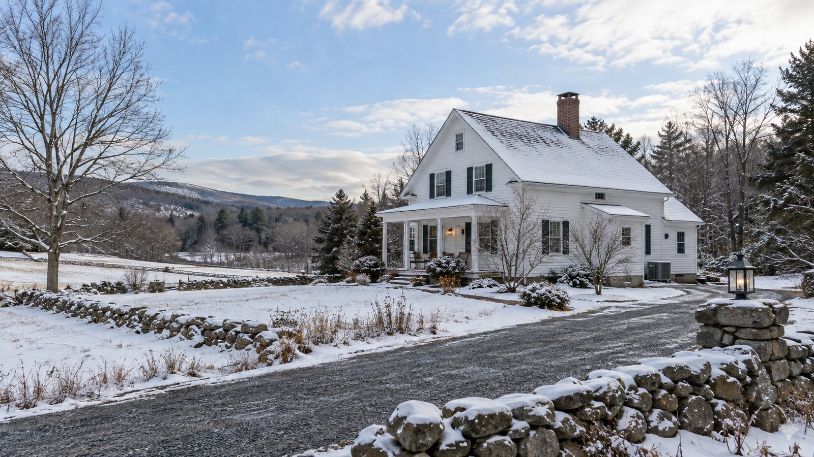 Prepare the seasonal approach A whole white farmhouse beside a cleared gravel driveway after light snow.