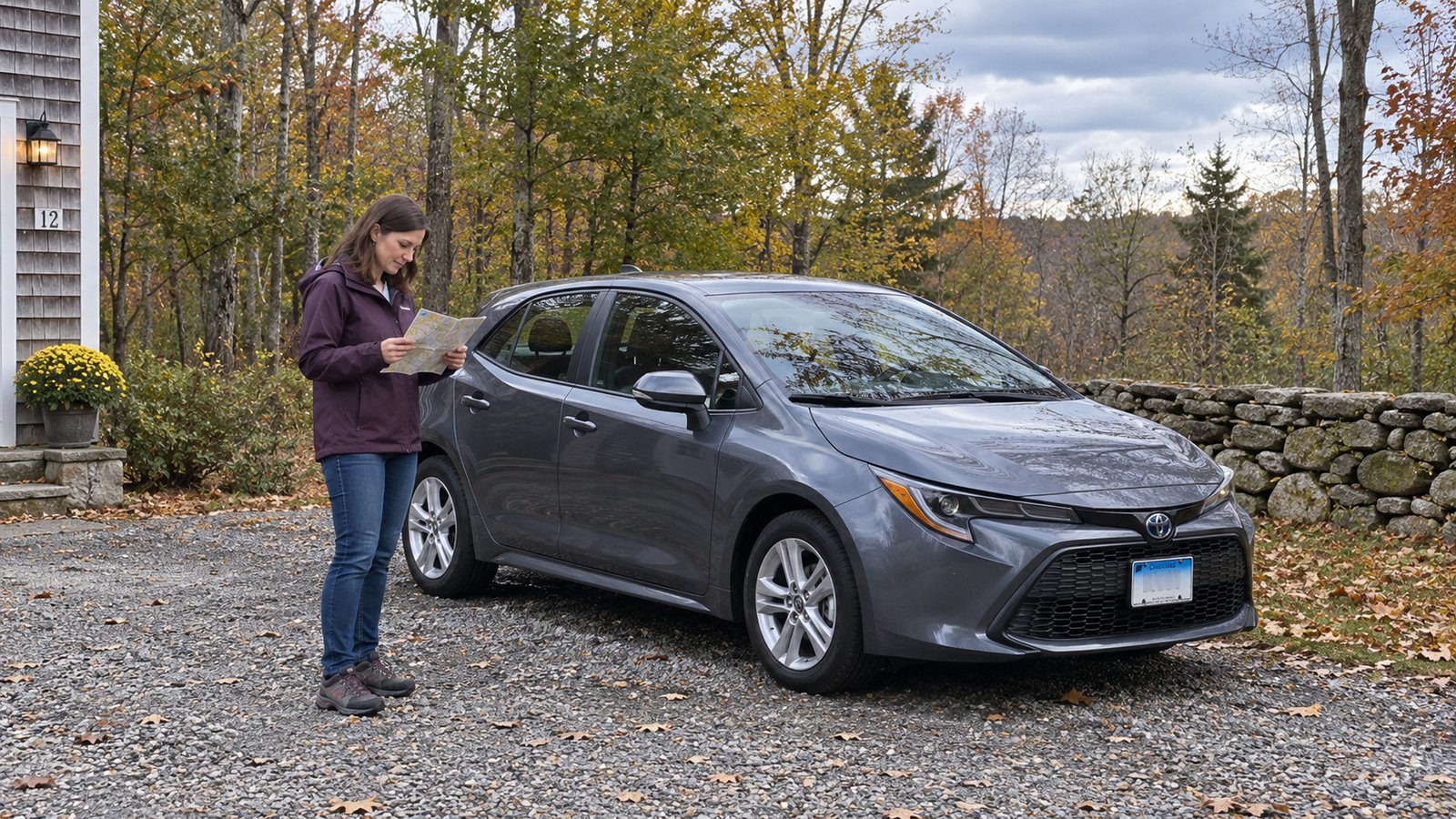 Plan the personal journey A woman holding a paper travel note beside a gray compact sedan on a driveway near woods and a stone wall.