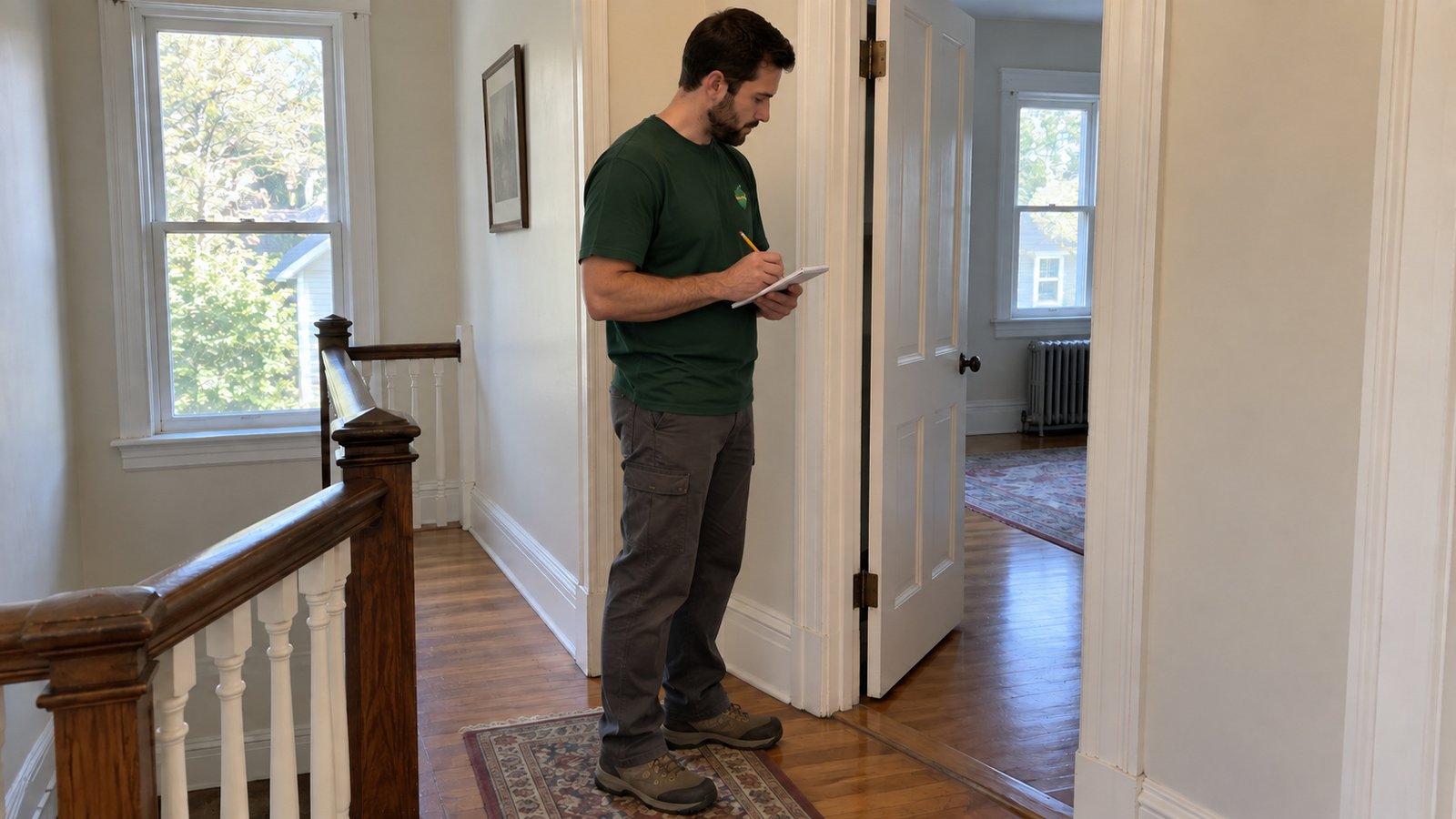 Reviewing the apartment entrance A Sterling Oakbridge mover taking notes beside a doorway on an upstairs landing
