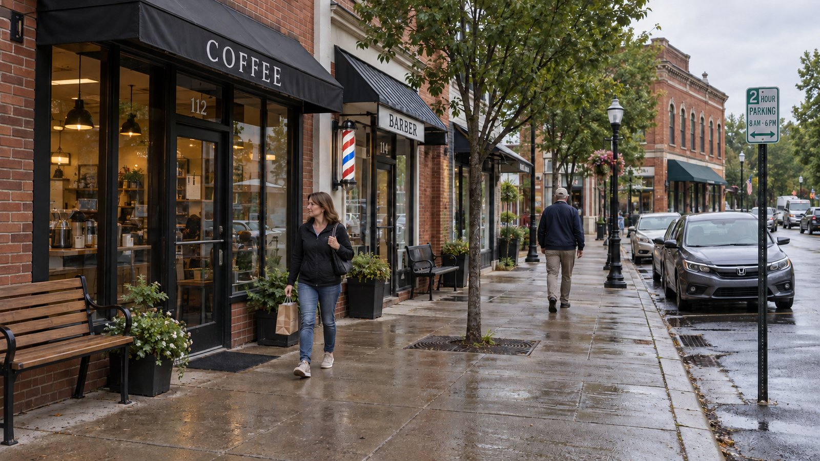 Exploring the town on foot Two pedestrians walking separately past brick storefronts after rain