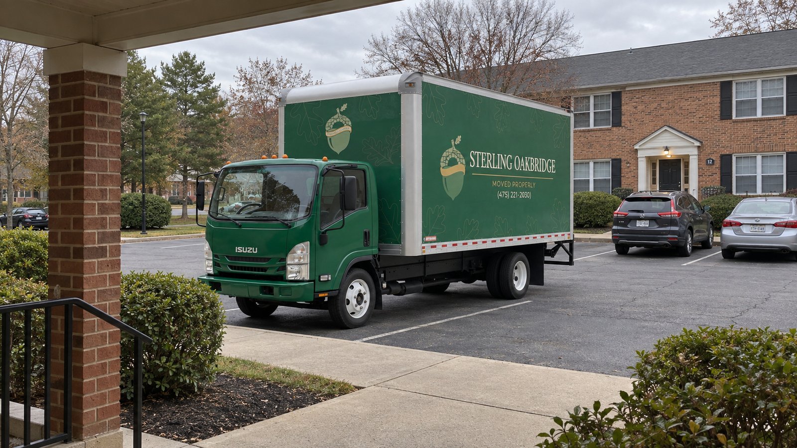 Arranging the loading position A dark green Sterling Oakbridge box truck in a paved courtyard beside a brick apartment building