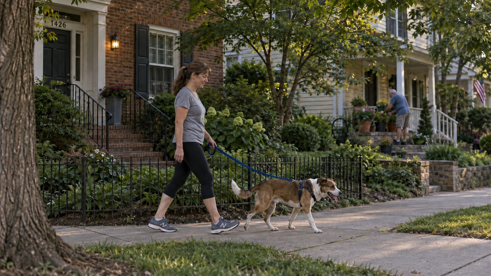 Keeping a familiar walking routine A woman walking a dog past houses while a neighbor tends plants