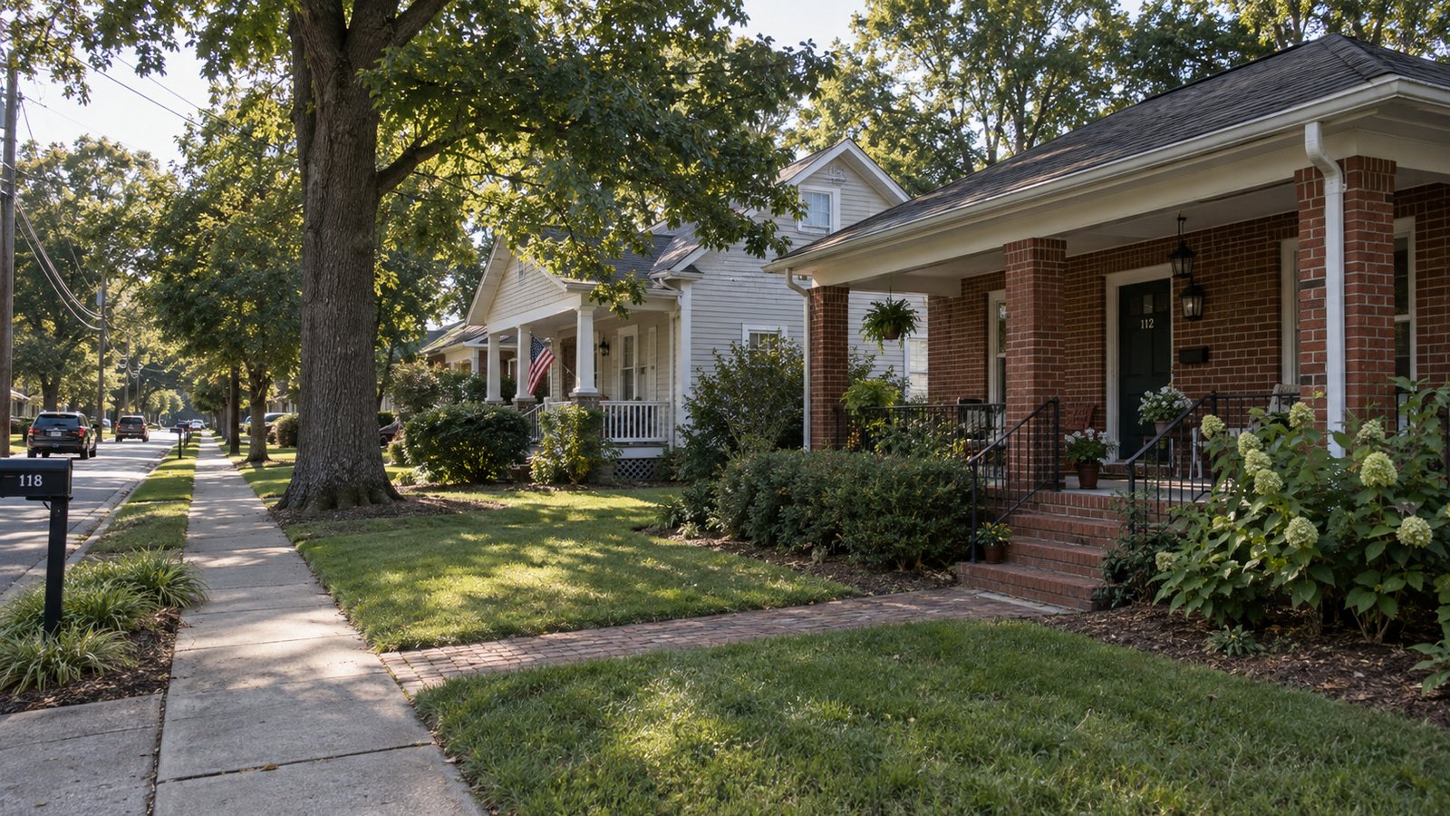 Planning an Ashland residential move A shaded residential sidewalk beside a brick bungalow and a clapboard house
