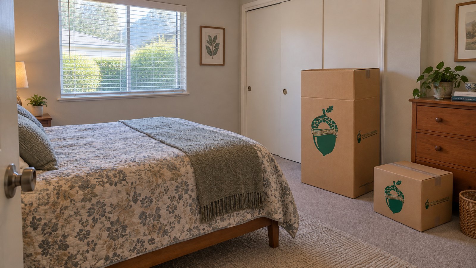 Checking space around the furniture A bedroom with a double bed, sliding closet doors and two differently sized kraft moving cartons