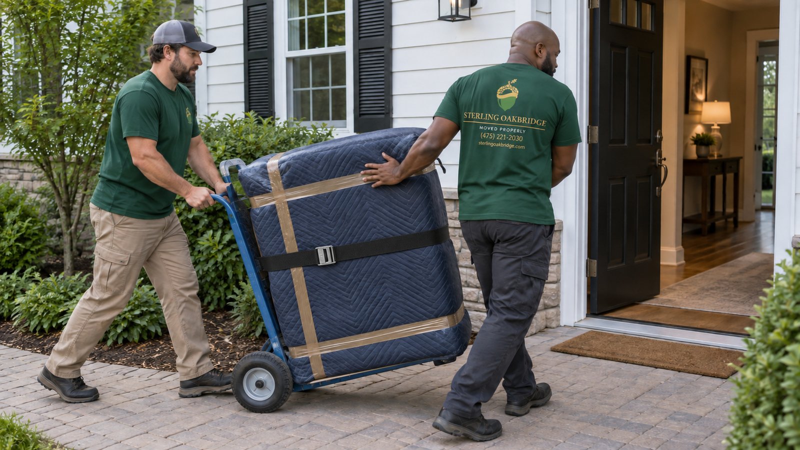 Moving a secured piece of furniture Two Sterling Oakbridge movers guiding a blanket-protected chest on a strapped hand truck