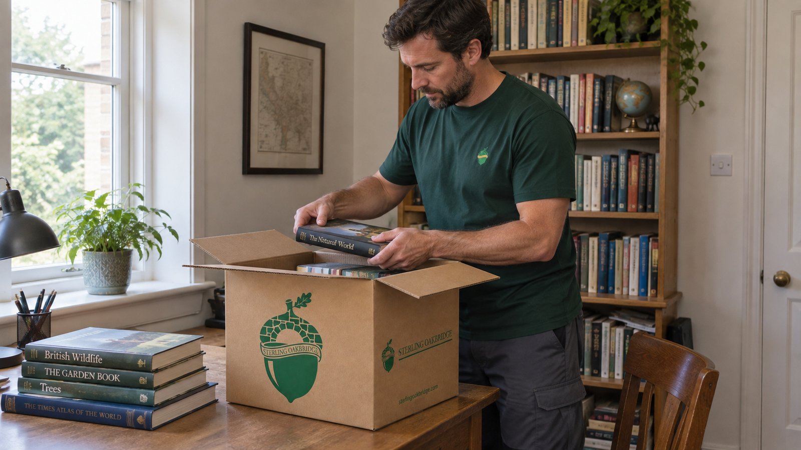 Packing books for the move A Sterling Oakbridge mover lowering a book into a small kraft carton on a wooden desk