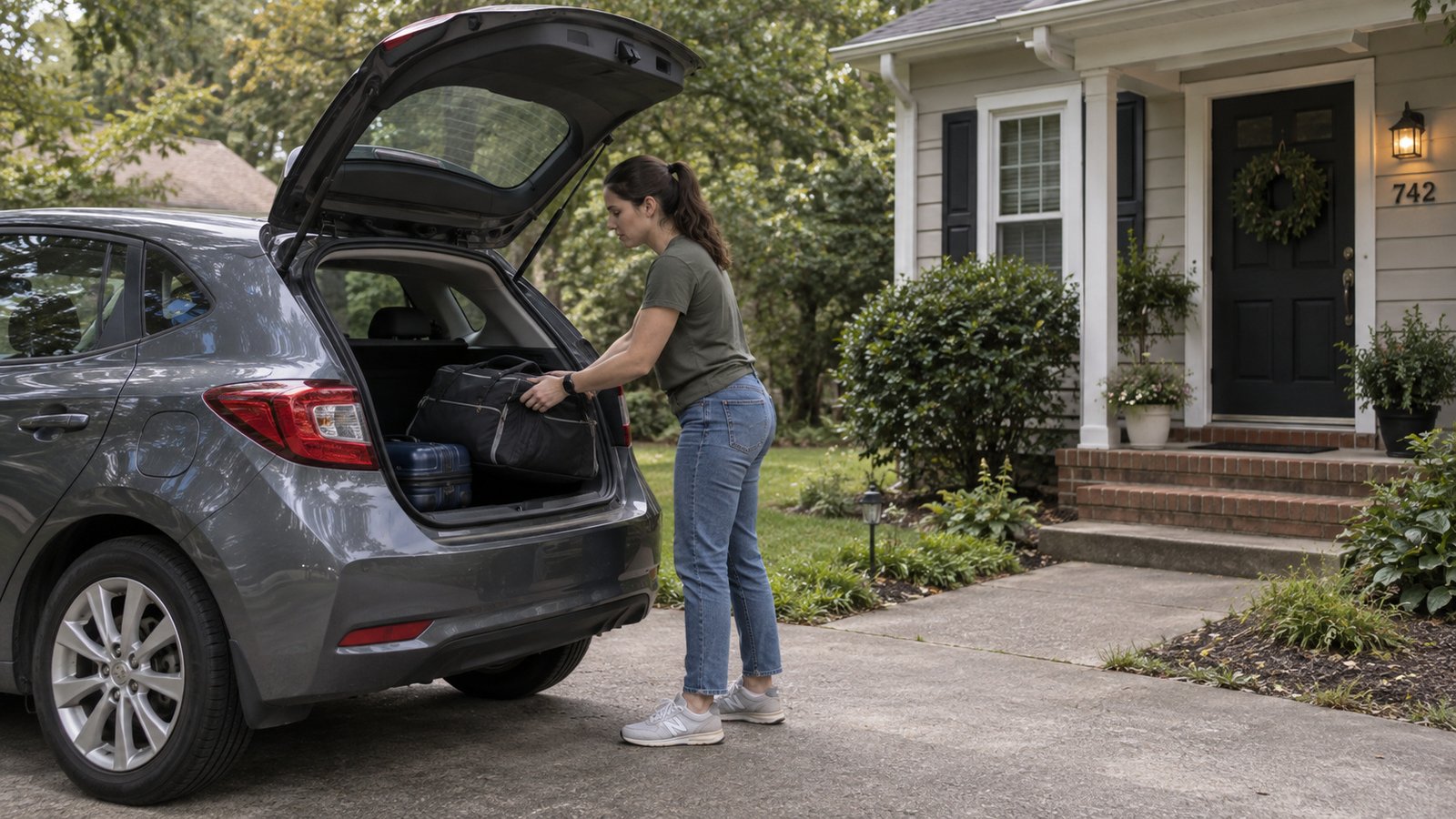 Keeping arrival essentials close A resident placing a soft bag in a hatchback beside a house entrance