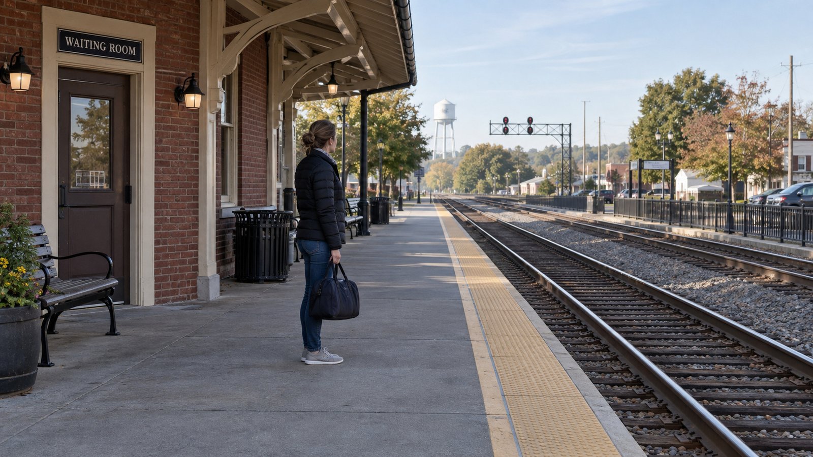 Planning a rail connection A passenger with an overnight bag waiting behind the safety line on a railway platform