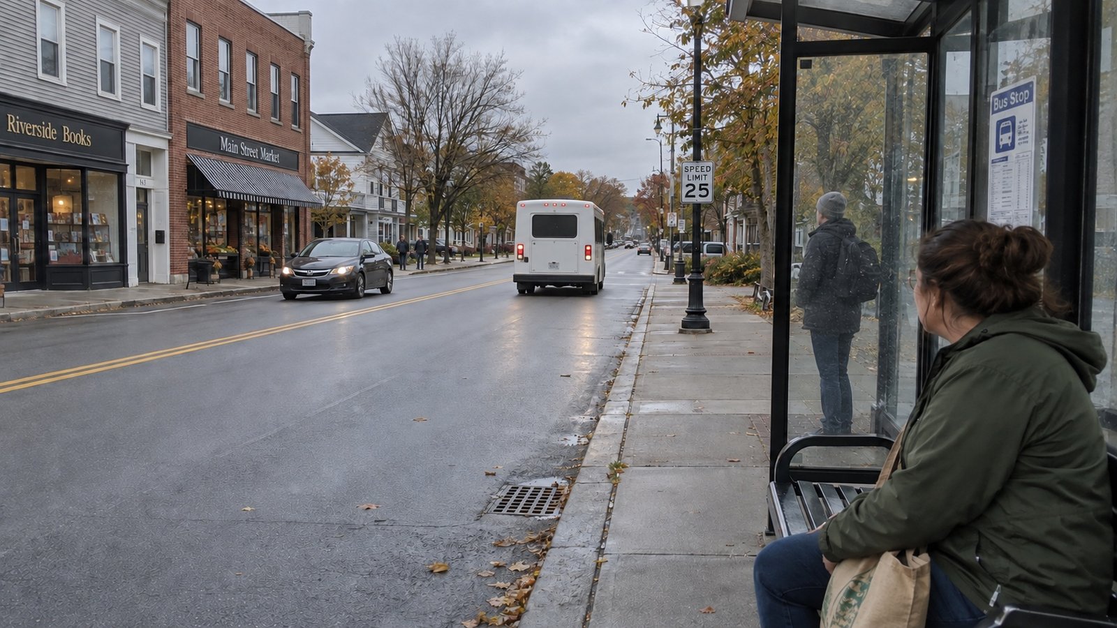 Passengers waiting in a glass shelter while a white shuttle travels away along the street.