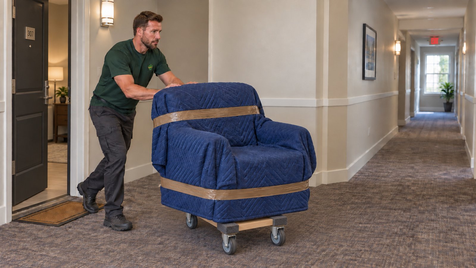 One mover guiding a blanket-protected armchair on a narrow wooden dolly beside an open apartment door.