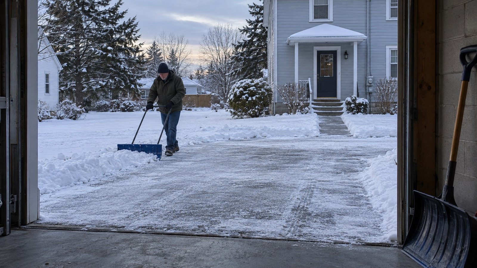 View from an open garage toward a resident clearing snow from a private driveway.