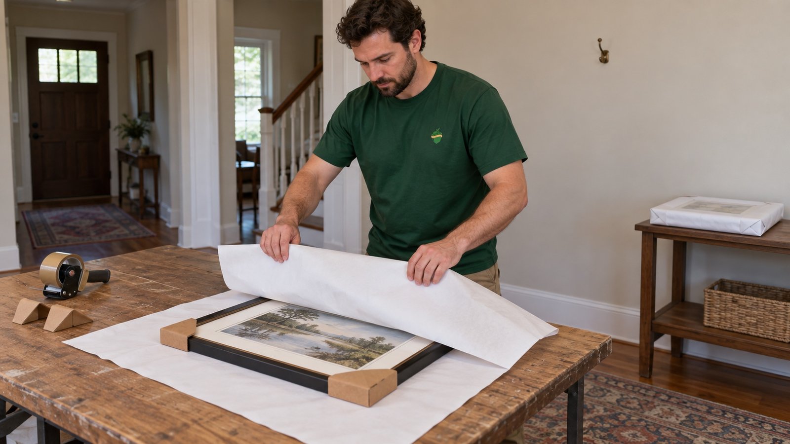 Mover folding packing paper around a framed print with cardboard corner protectors.