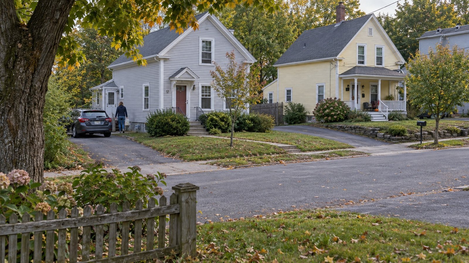 Homes and driveways beyond a roadside fence Gray and yellow wood-frame homes beside a sloping street, with a resident walking from a parked car.