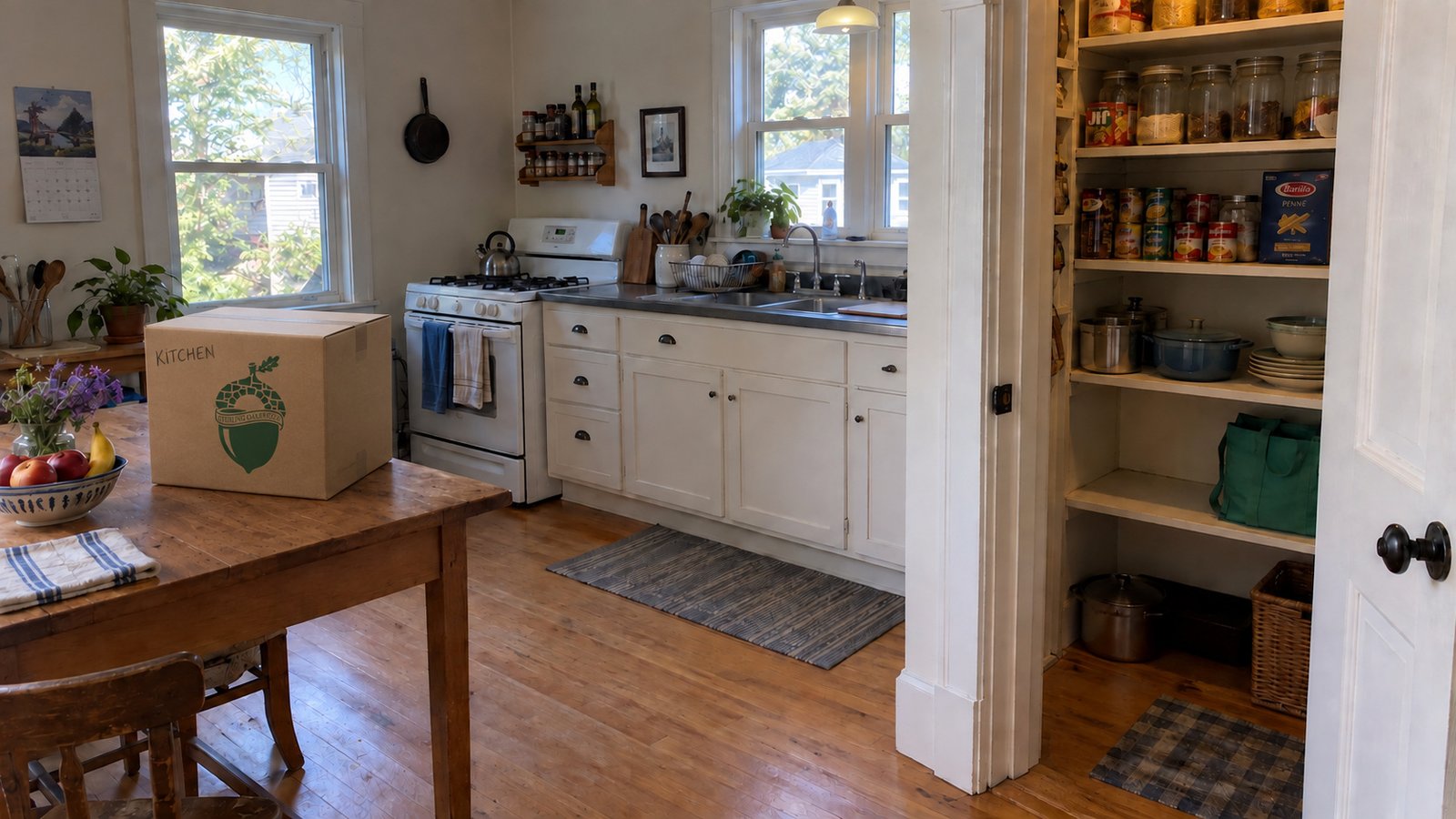 Closed Sterling Oakbridge moving carton labelled KITCHEN on a wooden table beside an open pantry