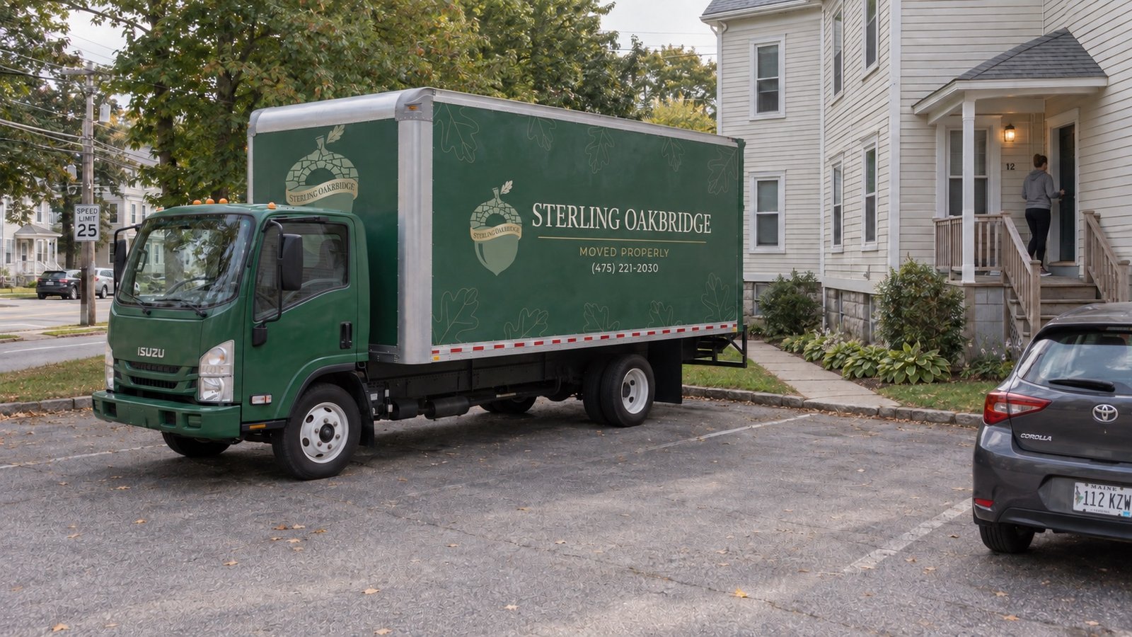 Moving truck seen past a parked car Green Sterling Oakbridge box truck parked in a paved residential court beside a house and car.