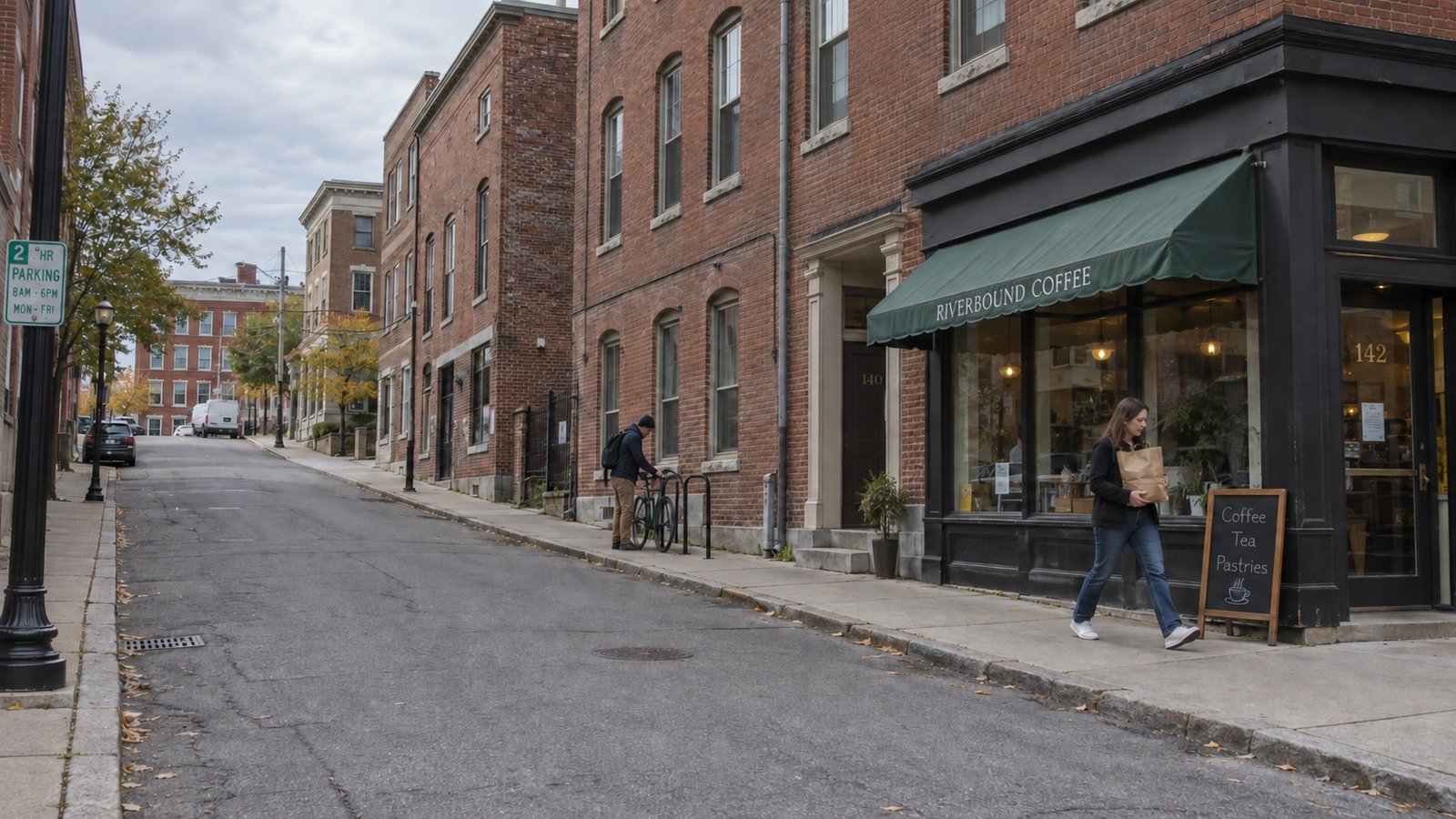 Brick buildings along an uphill side street, with a coffee shop, pedestrian and person locking a bicycle.