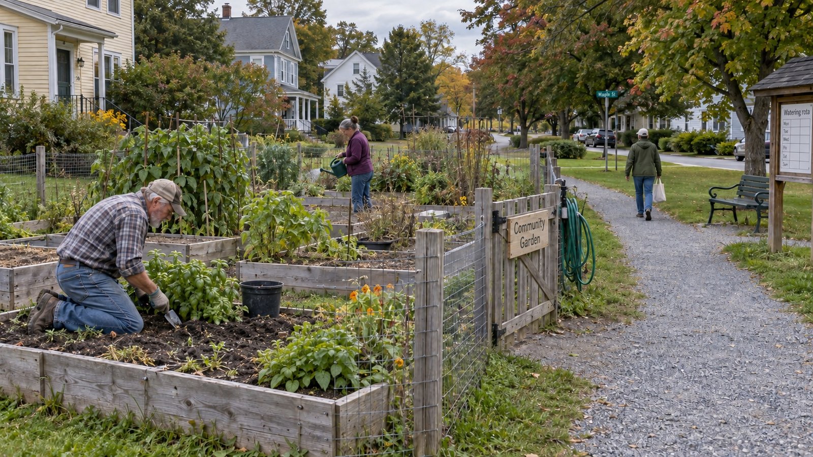 Residents tending raised garden beds beside a separate gravel walking path.