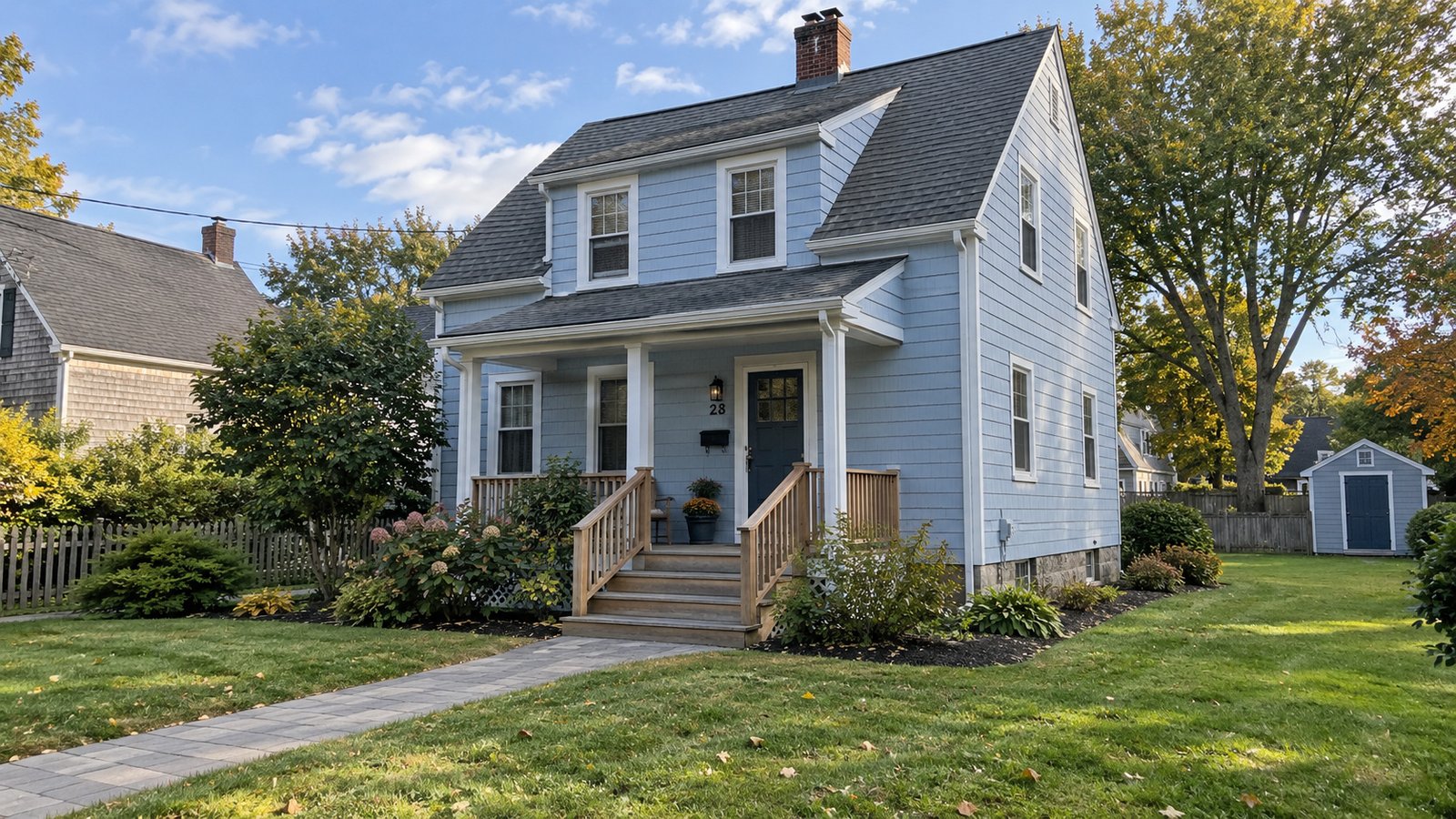 Inspect steps and the entrance A whole light-blue New England house with a wooden porch, exterior steps and handrails beside a paved walk.